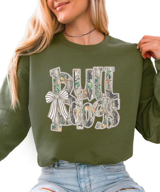 Olive Loves Apple Bulldogs Camo Coquette Bow Sweatshirt for Women & Teens School Spirit Game Day Crewneck