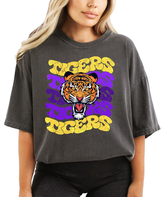 Detail view of groovy retro font Tigers graphic on ivory women's sports tee