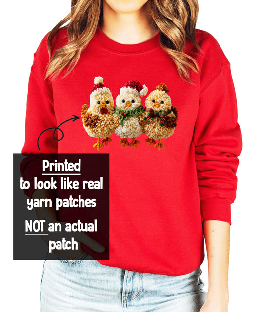 Ink Printed Image NOT a Yarn Patch - Trendy Baby Chick Sweatshirt Christmas Chicken Sweater