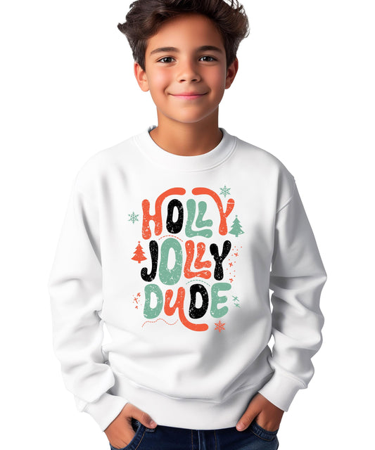 Front view of Holly Jolly Dude gray Christmas sweatshirt for boys with bold holiday graphic print