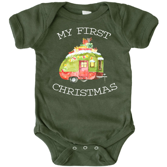 My 1st Christmas camper baby bodysuit laid flat, unisex holiday outfit perfect for Christmas photos