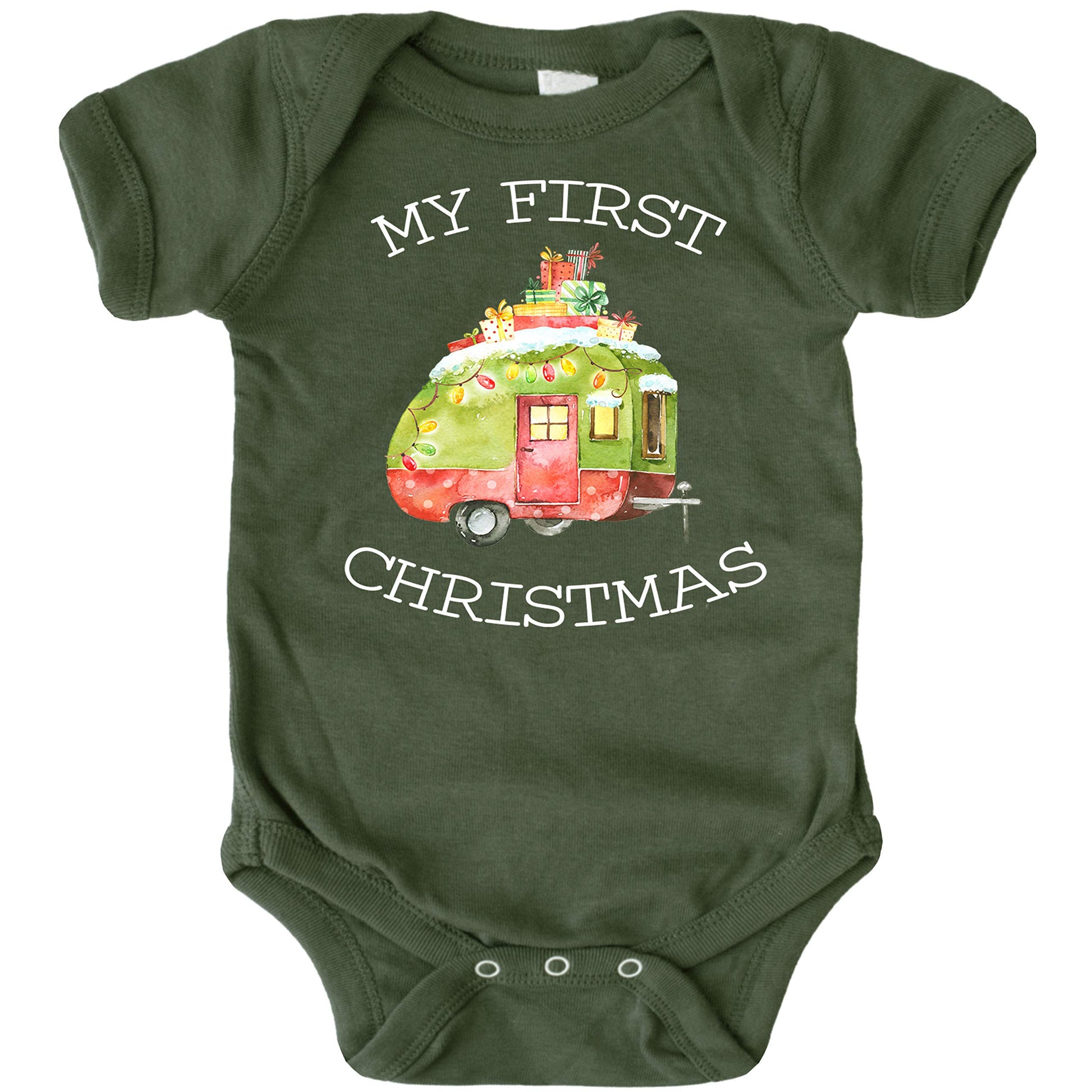 My 1st Christmas camper baby bodysuit laid flat, unisex holiday outfit perfect for Christmas photos