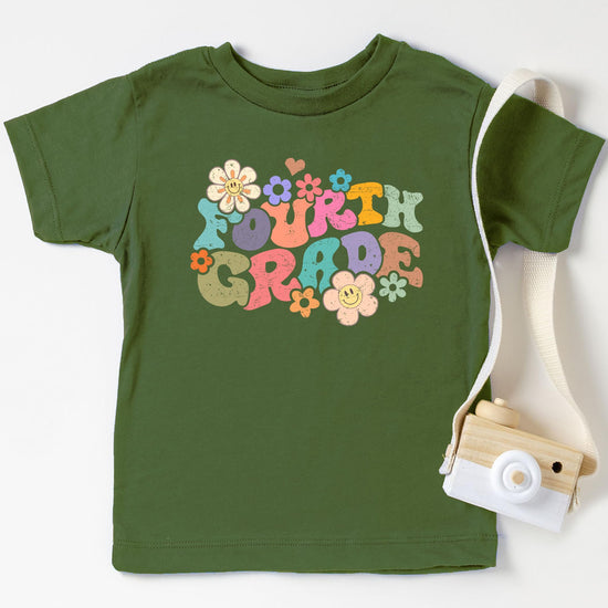 Detail shot of groovy daisy print quality on 4th grade school t-shirt