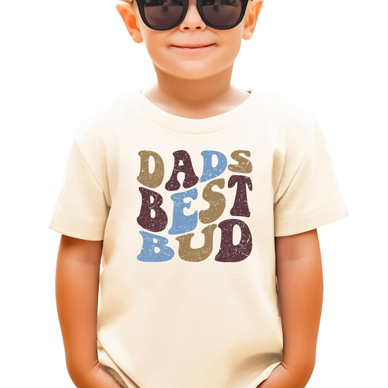 Boys vintage-style Dad's Best Bud tee laid flat showing full graphic design