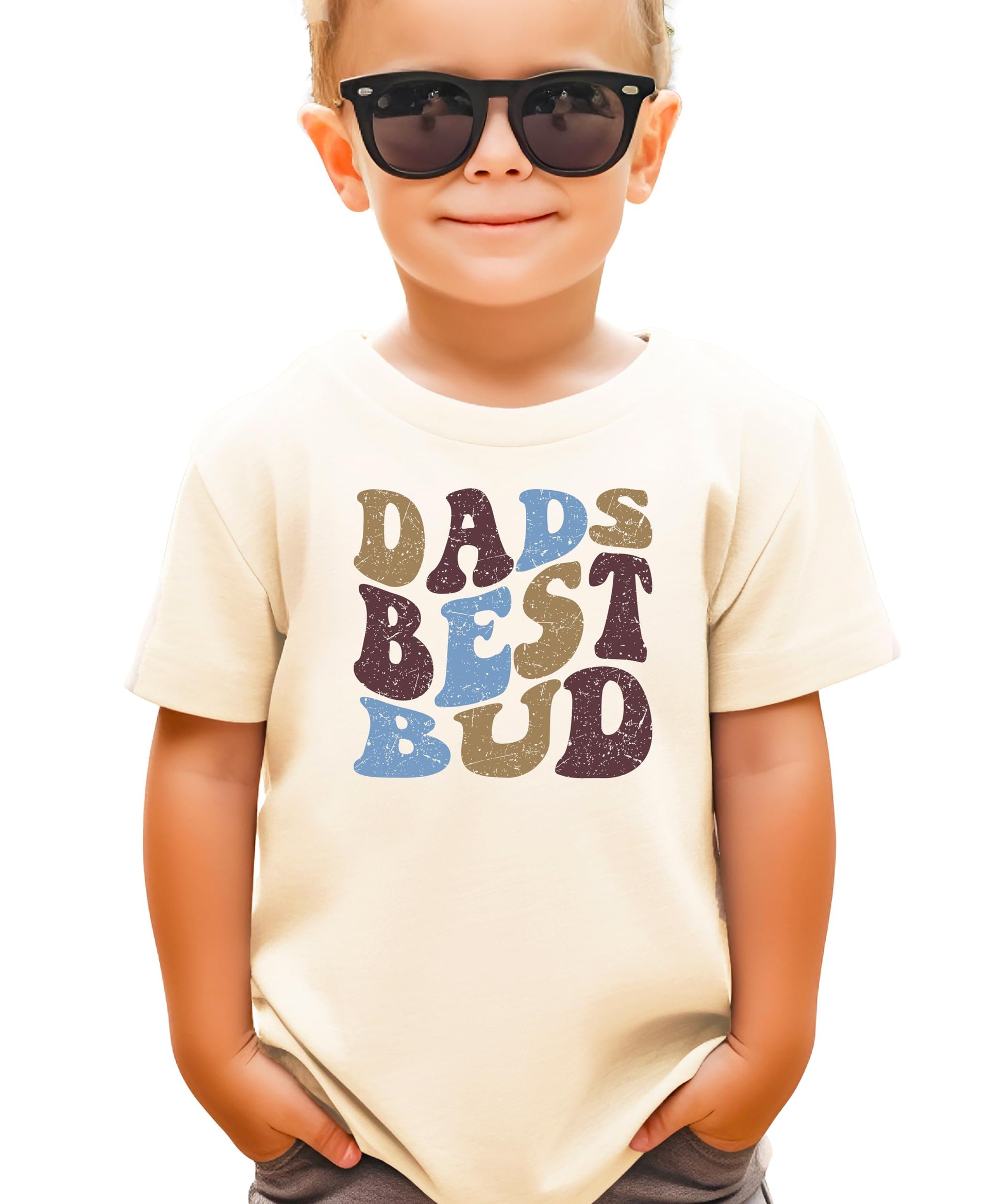 Boys vintage-style Dad's Best Bud tee laid flat showing full graphic design