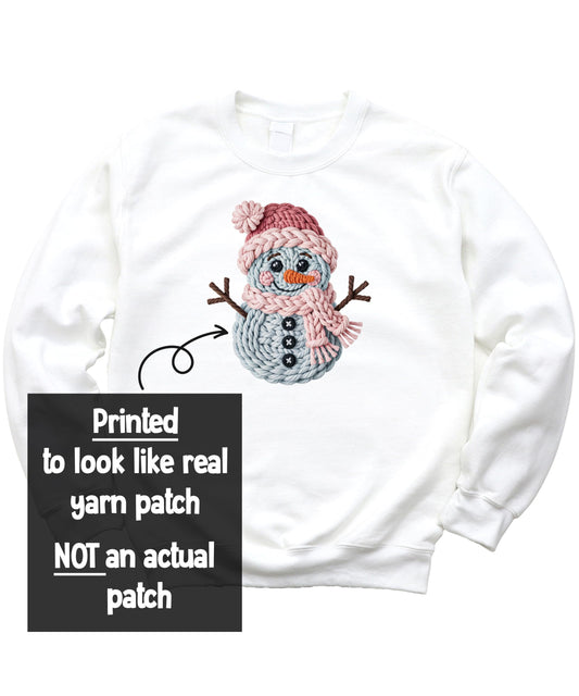 Ink Printed Image NOT a Yarn Patch - Cute Faux Yarn Snowman Sweatshirt Christmas Holiday Pullover