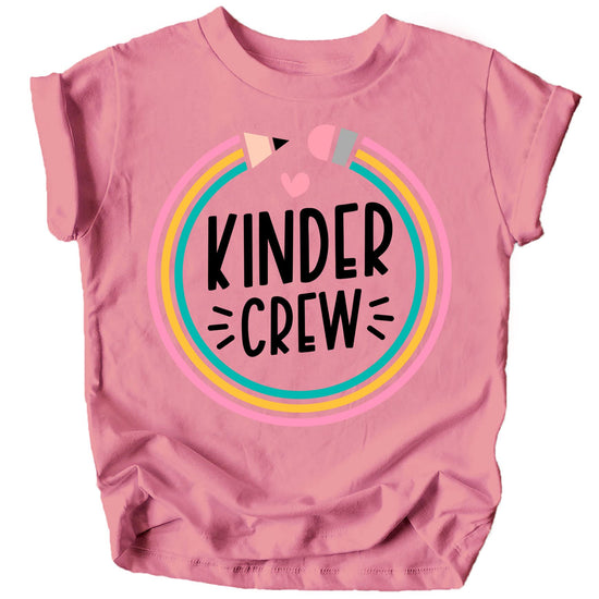 Pink youth tee with colorful pencil Kindergarten Crew graphic for first day of school
