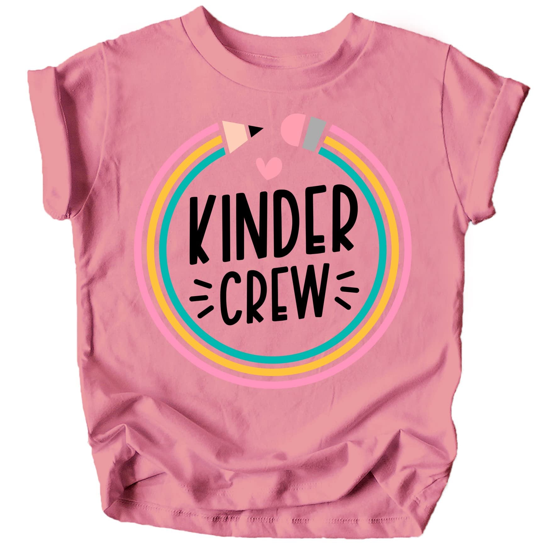 Pink youth tee with colorful pencil Kindergarten Crew graphic for first day of school