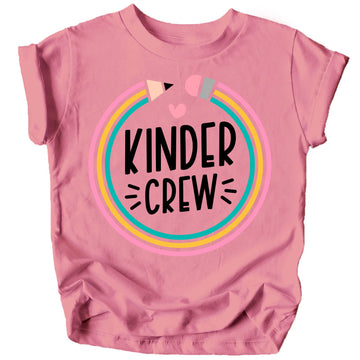Pink youth tee with colorful pencil Kindergarten Crew graphic for first day of school