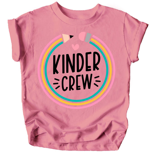 Pink youth tee with colorful pencil Kindergarten Crew graphic for first day of school