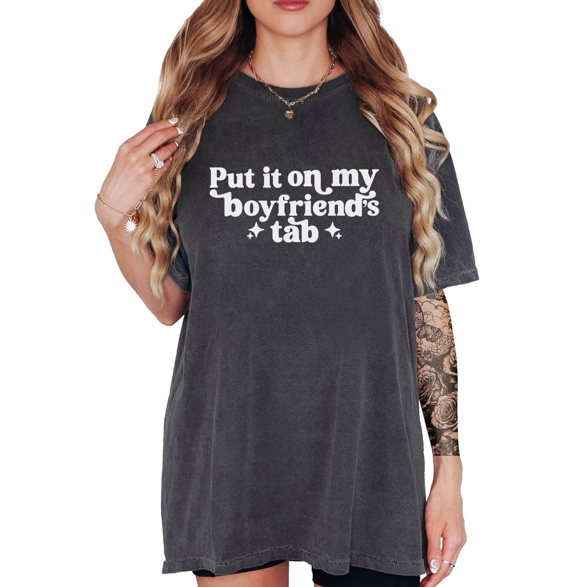 Women's ivory graphic tee with 'Put it on My Boyfriend's Tab' funny quote print