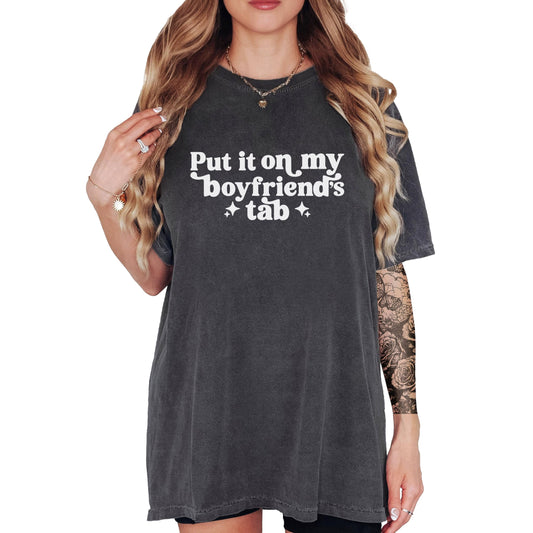 Women's ivory graphic tee with 'Put it on My Boyfriend's Tab' funny quote print