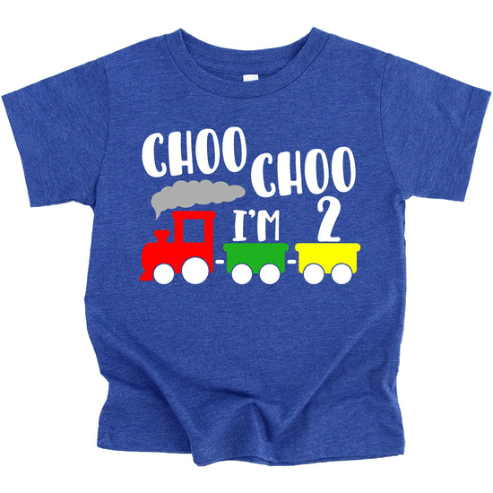 Front view of Choo Choo I'm Two 2nd birthday shirt for toddler boys with train graphic