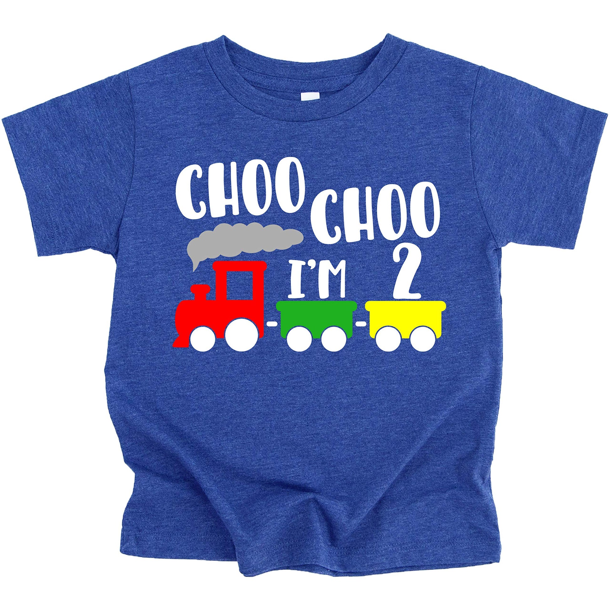 Front view of Choo Choo I'm Two 2nd birthday shirt for toddler boys with train graphic