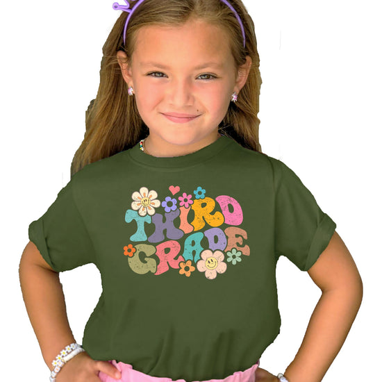 Girls 3rd grade groovy daisy first day of school t-shirt with retro floral graphic print