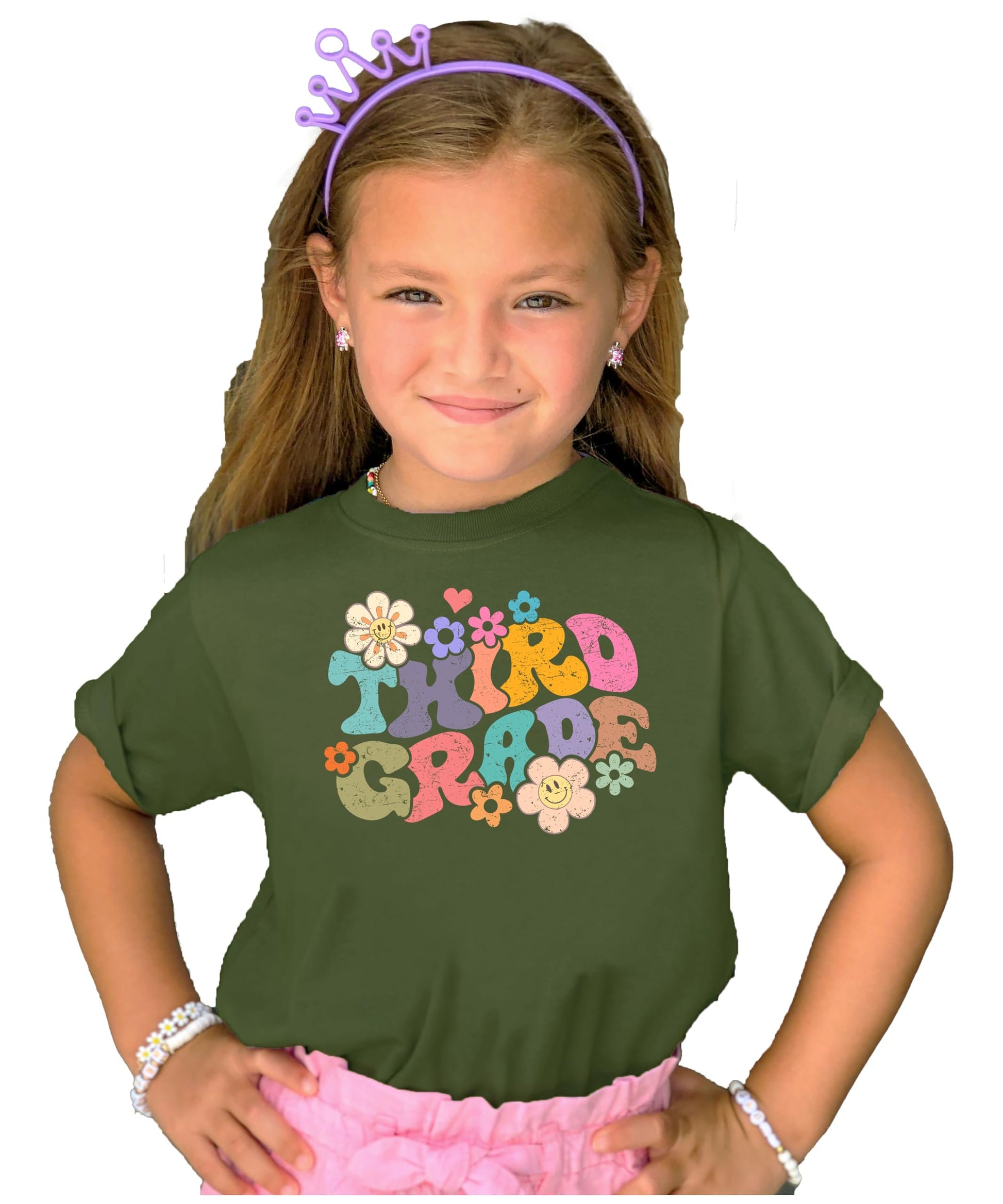 Girls 3rd grade groovy daisy first day of school t-shirt with retro floral graphic print