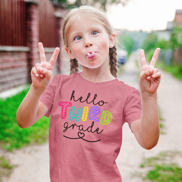 Pink kids graphic tee with Hello 3rd Grade design great for back to school gift giving