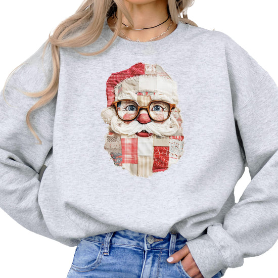 Kids or youth black Santa sweatshirt with vintage faux patch graphic print for Christmas season