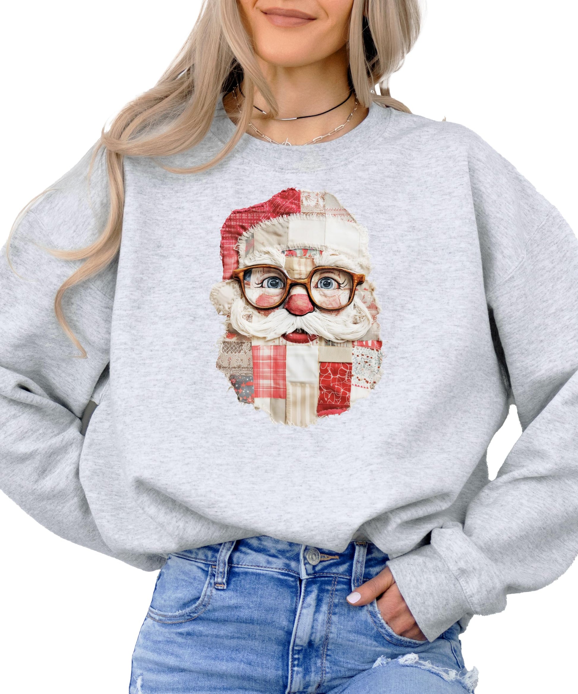 Kids or youth black Santa sweatshirt with vintage faux patch graphic print for Christmas season