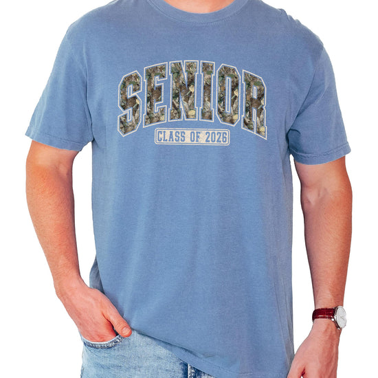 Back or side view of Senior 2026 camo varsity t-shirt on model