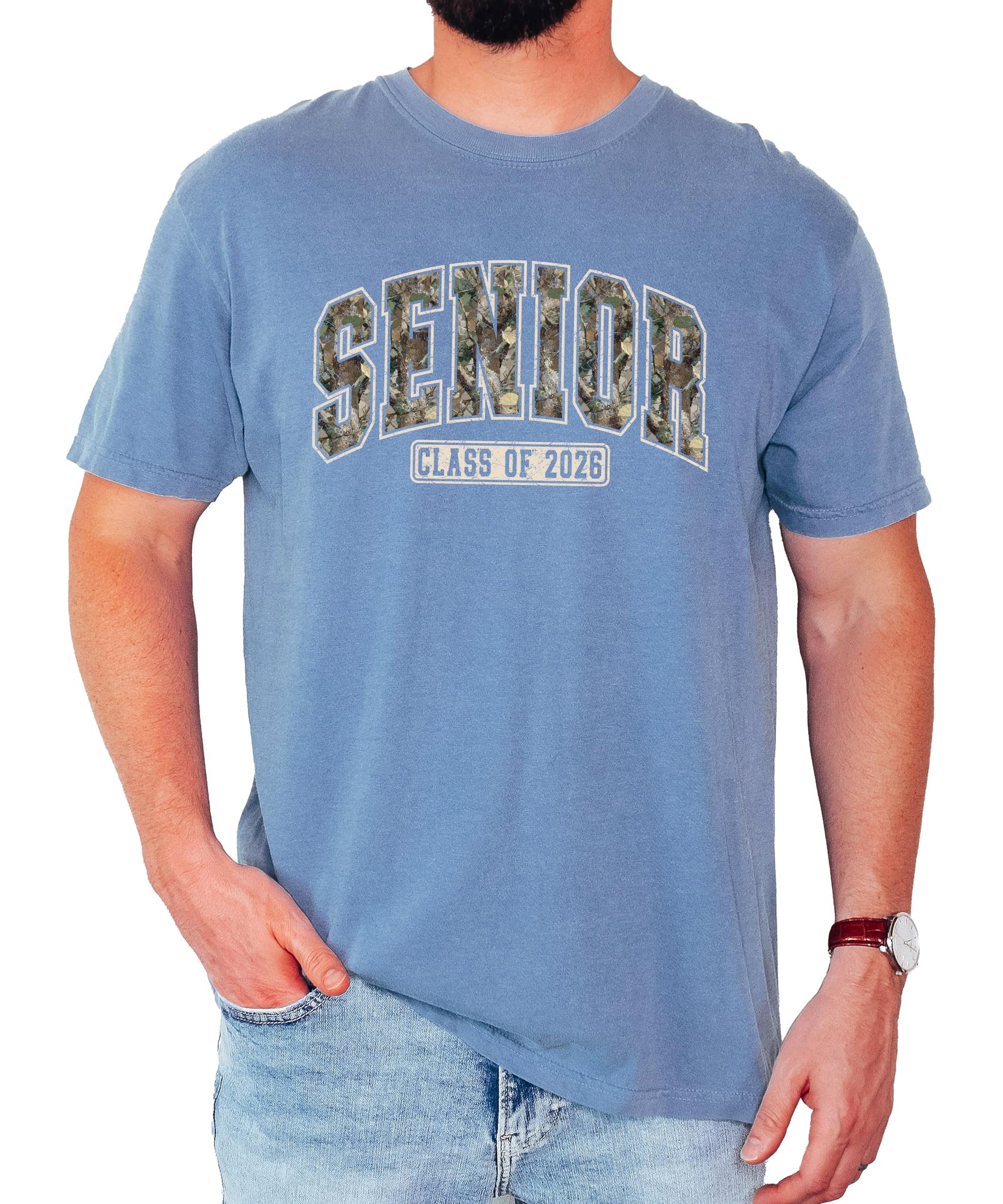 Back or side view of Senior 2026 camo varsity t-shirt on model