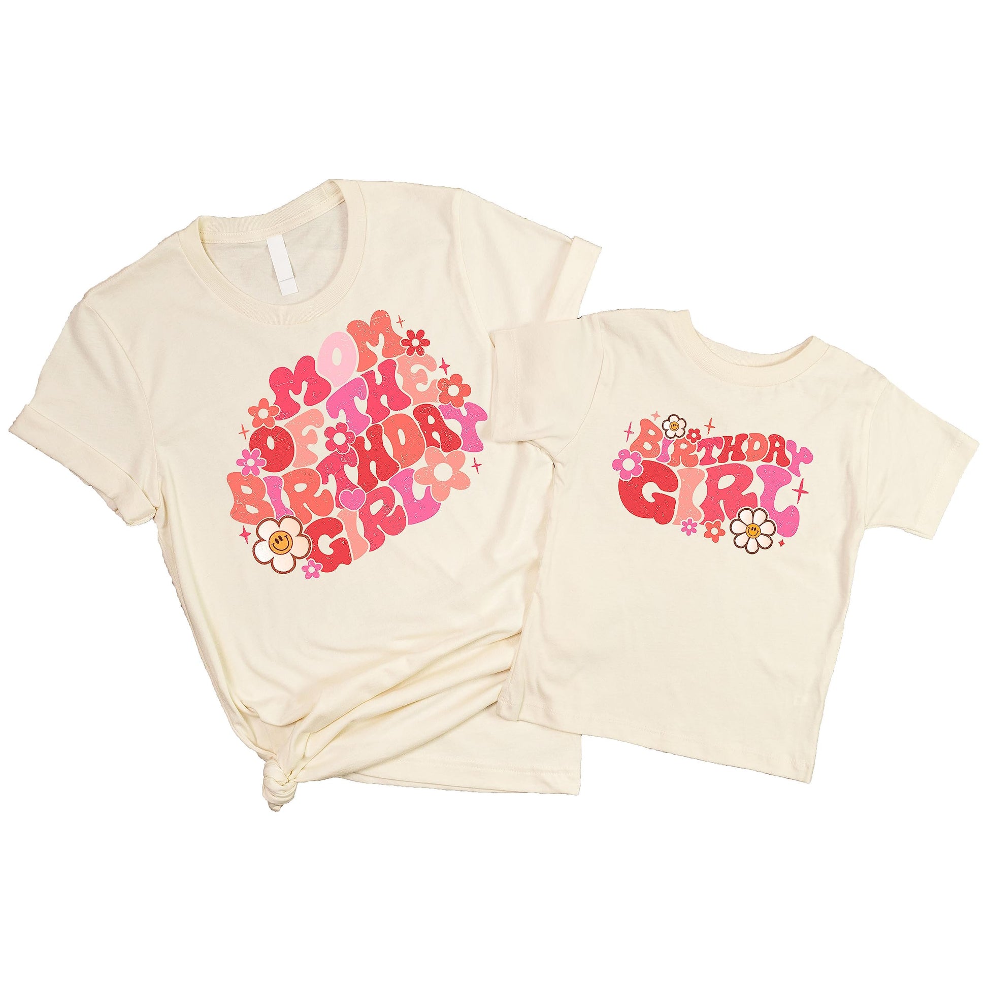 Mom wearing groovy daisy Mom of the Birthday Girl matching shirt for birthday party outfit