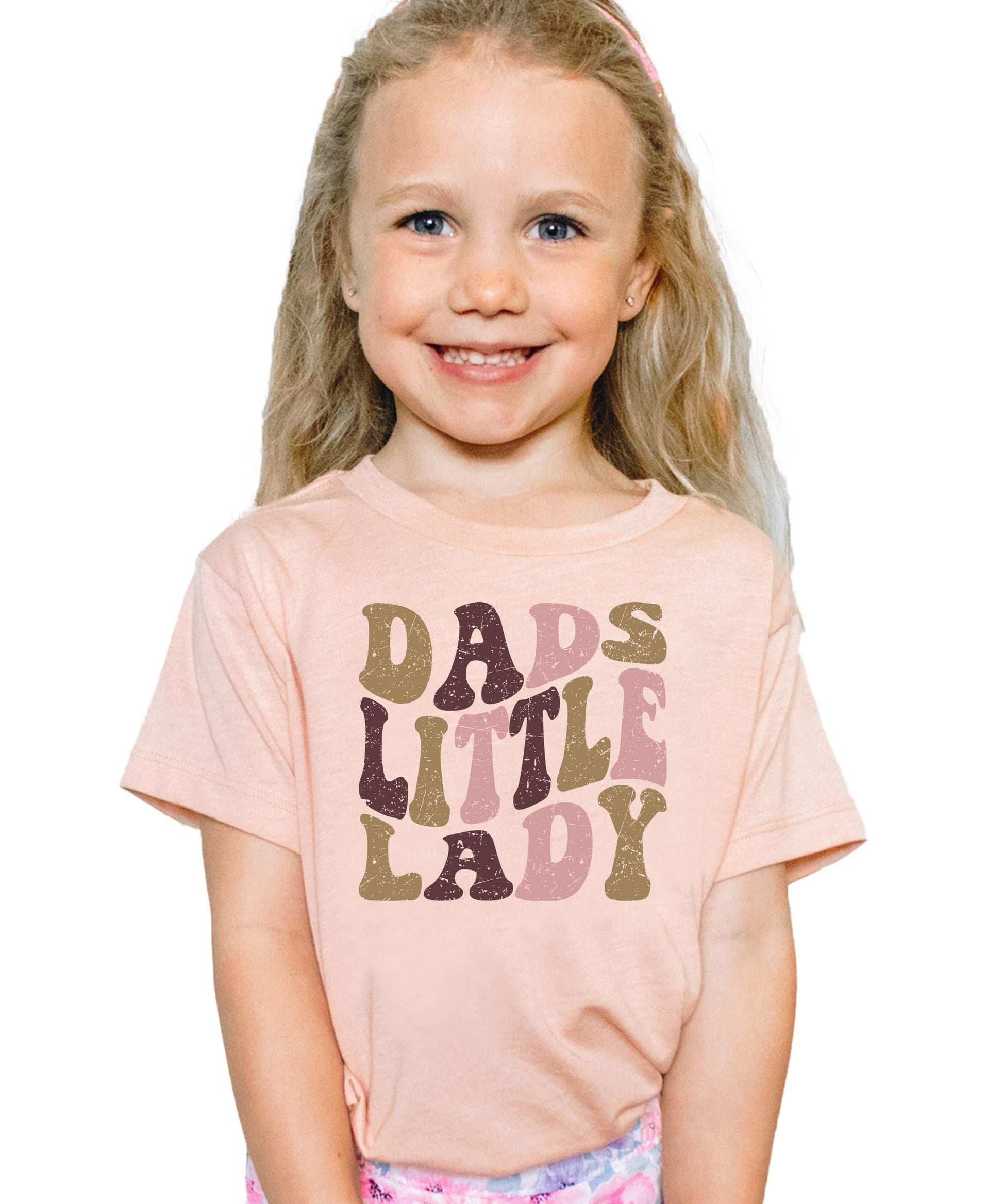 Close-up of distressed retro print on Dad's Little Lady natural kids graphic tee