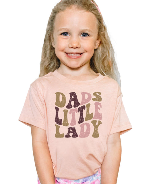 Close-up of distressed retro print on Dad's Little Lady natural kids graphic tee