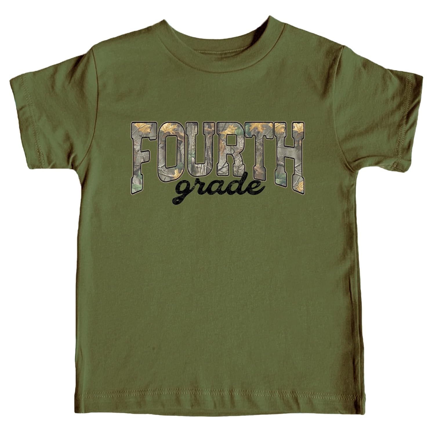 Fourth grade woodland camo graphic tee for kids in military green, bold lettering with leaf camo print