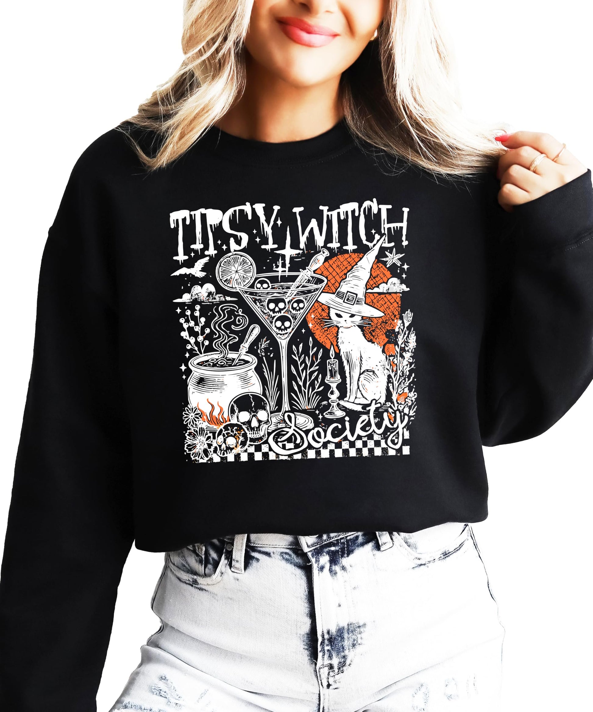 Front view of women's witchy Halloween crewneck sweatshirt with funny cocktail and black cat design