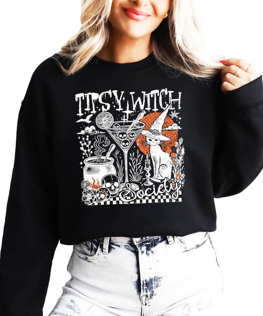 Front view of women's witchy Halloween crewneck sweatshirt with funny cocktail and black cat design