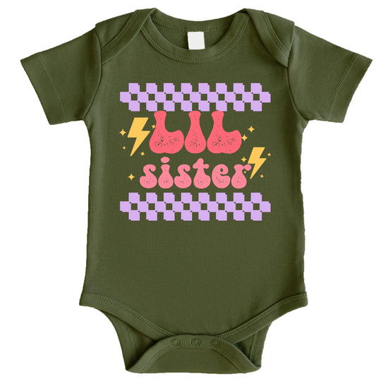 Little sister retro lightning bolt graphic shirt for toddler girls - sibling reveal outfit