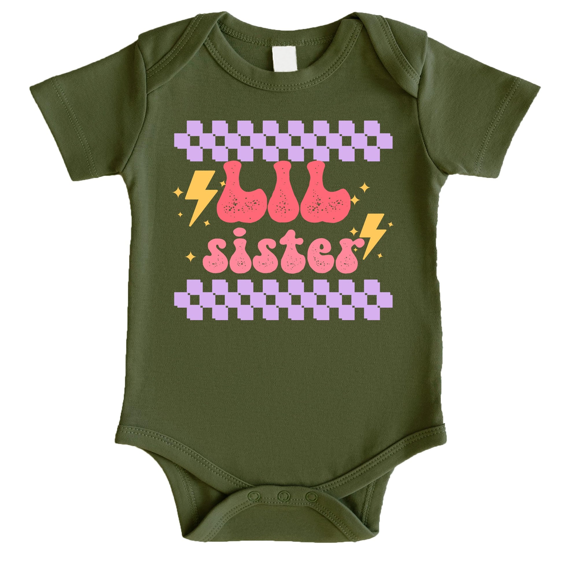 Little sister retro lightning bolt graphic shirt for toddler girls - sibling reveal outfit