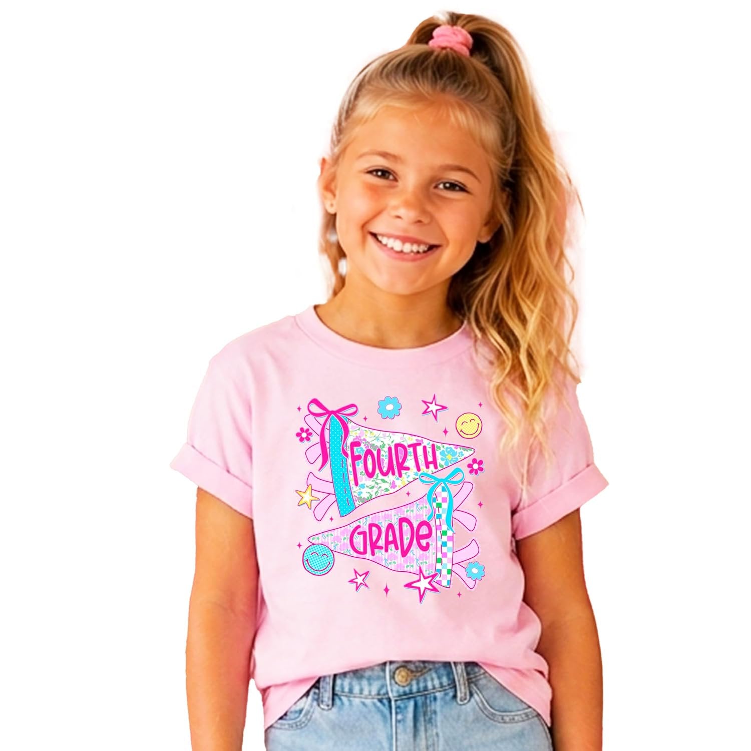 Flat lay of girls 4th grade back to school tee in natural color with floral and bow graphic detail