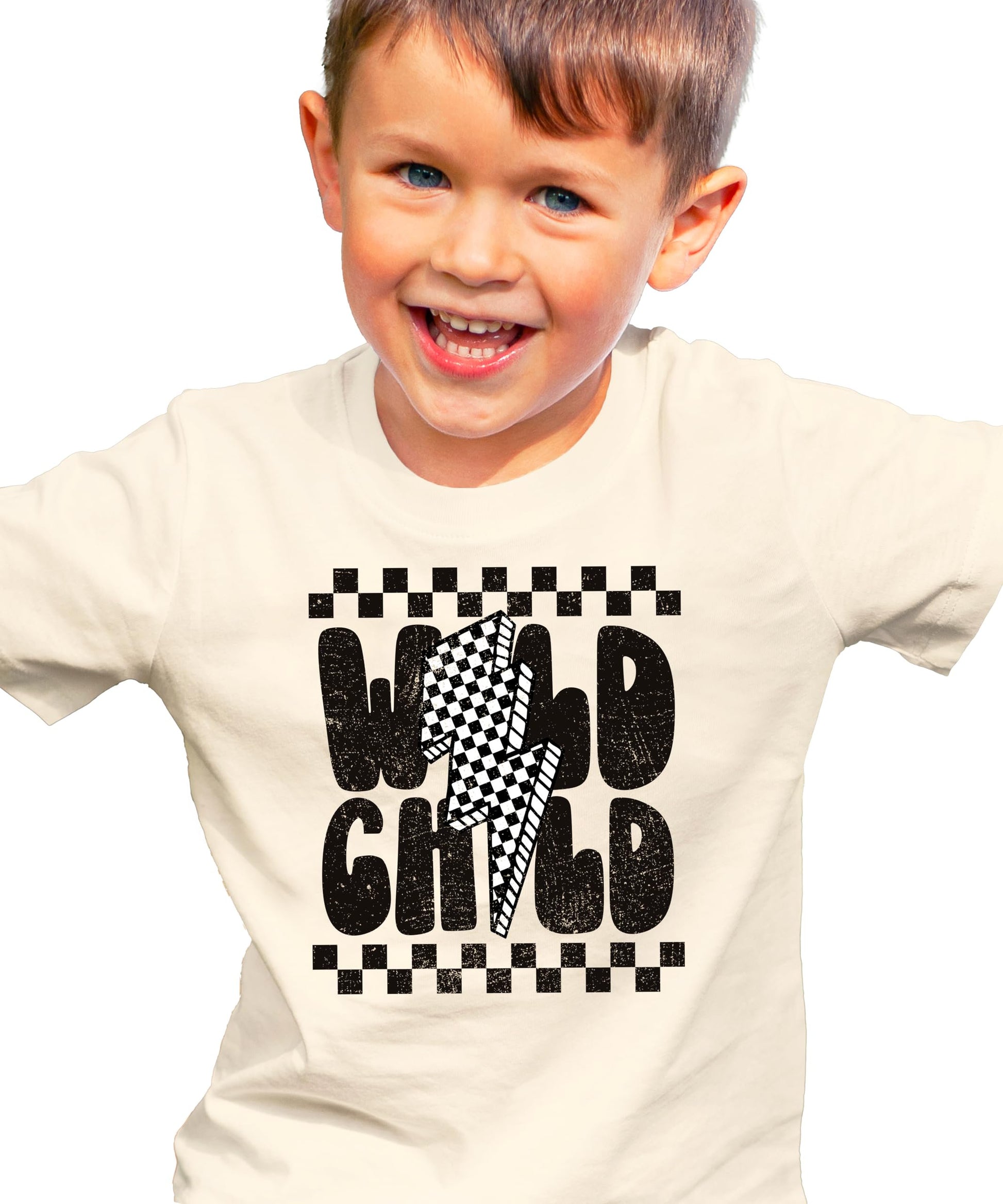 Toddler boy wearing Wild Child checkered tee showing comfortable fit and style