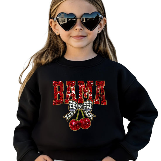BAMA Alabama pride sweatshirt in white displayed on model, ideal for game day and tailgate wear