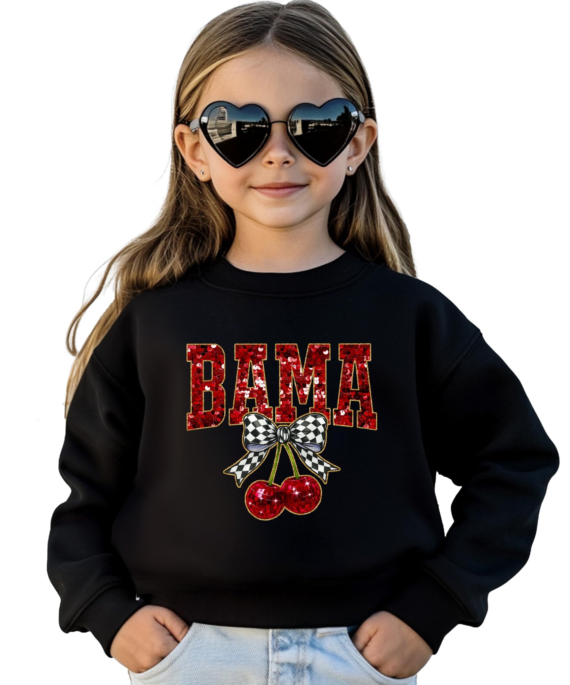 BAMA Alabama pride sweatshirt in white displayed on model, ideal for game day and tailgate wear