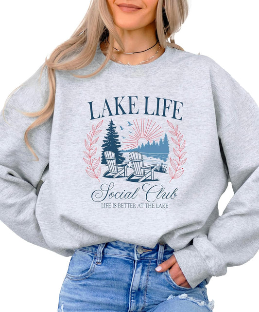 Youth wearing Lake Life Social Club sweatshirt demonstrating kids sizing and comfortable fit