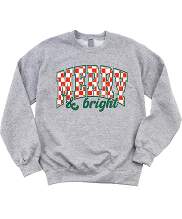 Kids gray Christmas pullover sweatshirt with red and green check Merry and Bright design, front view