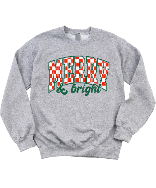 Kids gray Christmas pullover sweatshirt with red and green check Merry and Bright design, front view