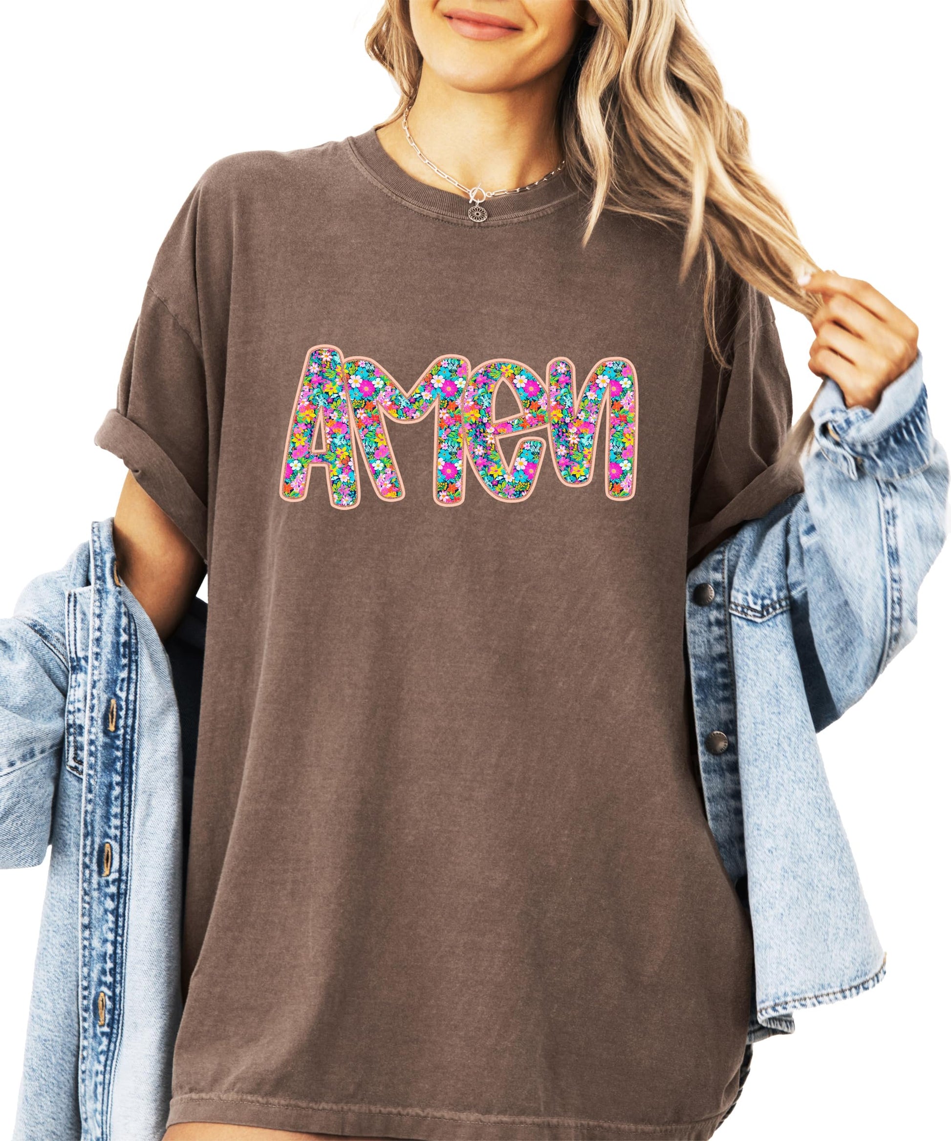 Side view of women's relaxed fit Amen floral tee, casual faith-inspired apparel