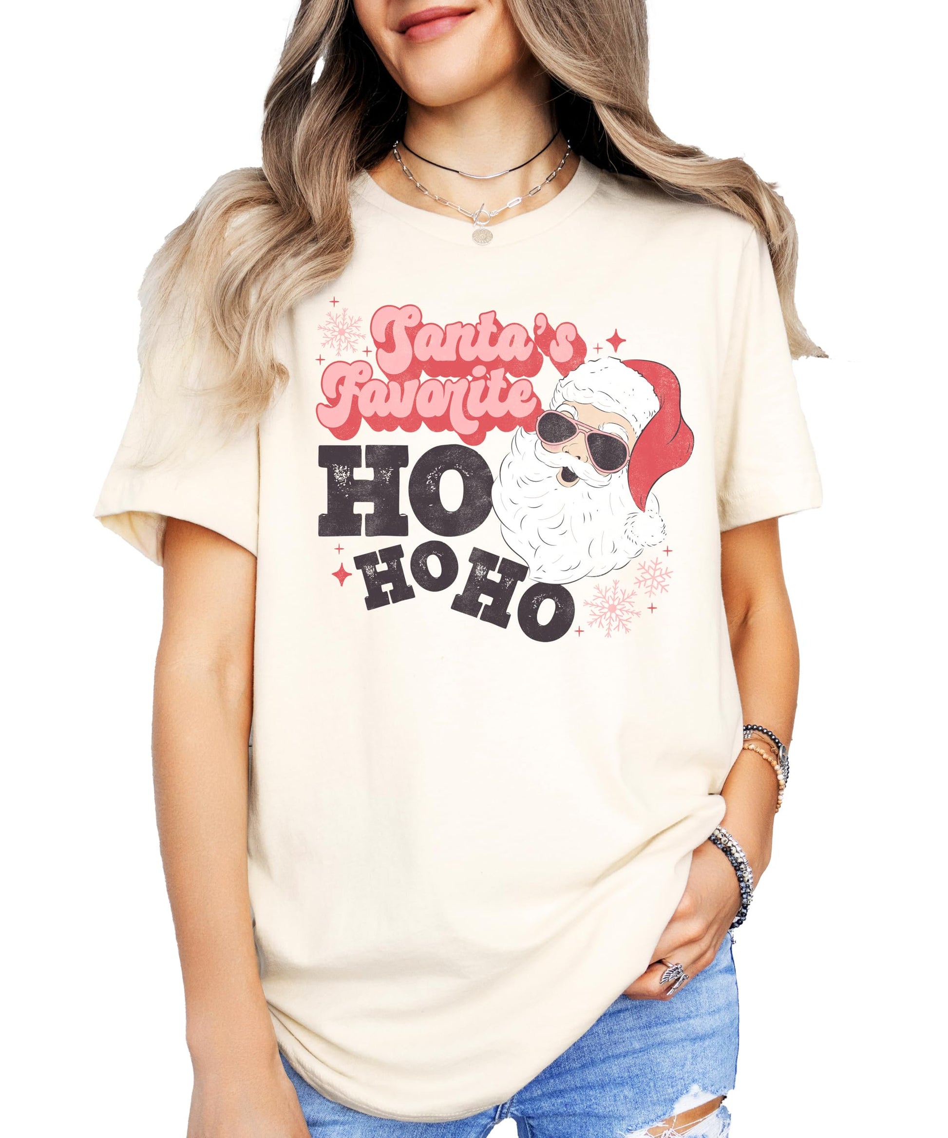 Close-up of retro Santa sunglasses graphic print on women's funny holiday tee from Olive Loves Apple