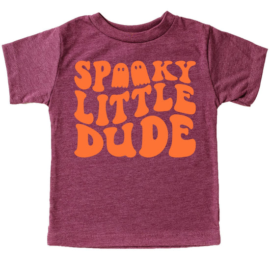 Toddler boy wearing Spooky Little Dude Halloween graphic tee in vintage burgundy fall color