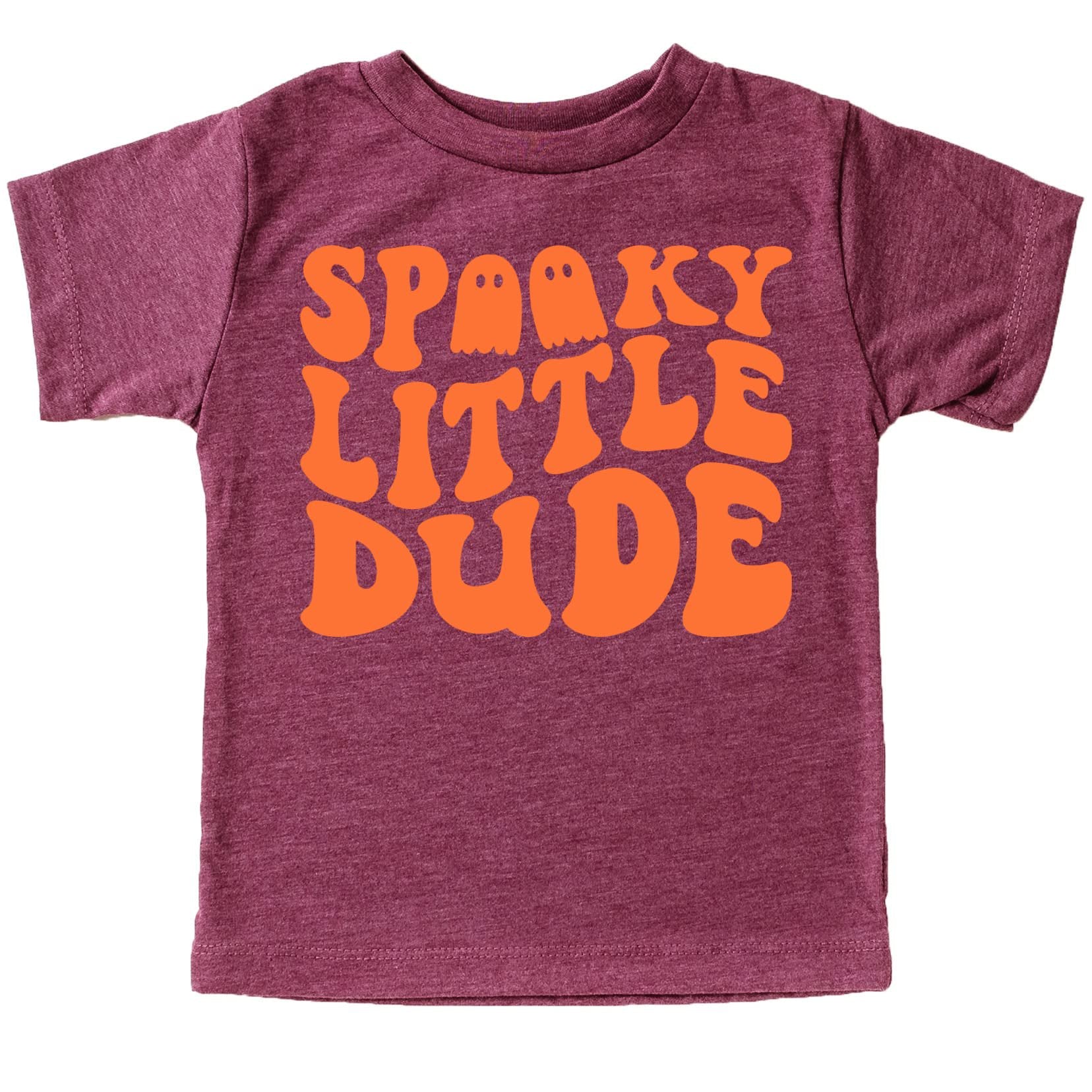Toddler boy wearing Spooky Little Dude Halloween graphic tee in vintage burgundy fall color