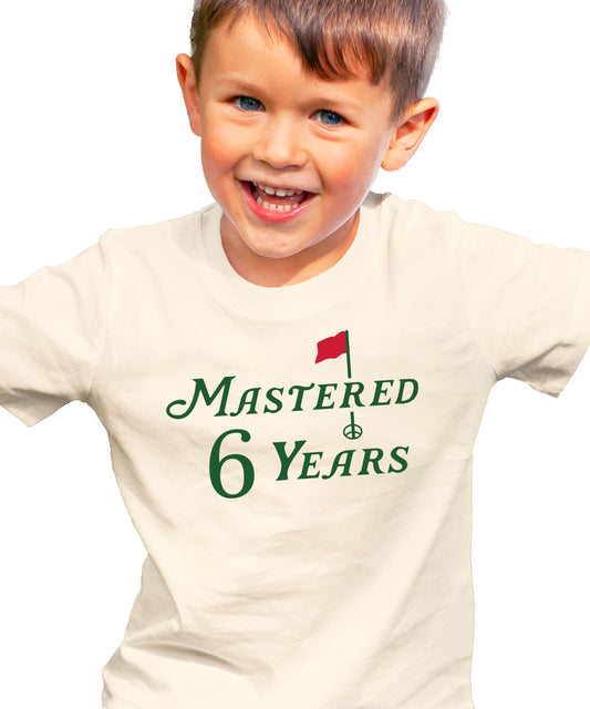 Front view of golf themed birthday shirt for boys and girls turning six