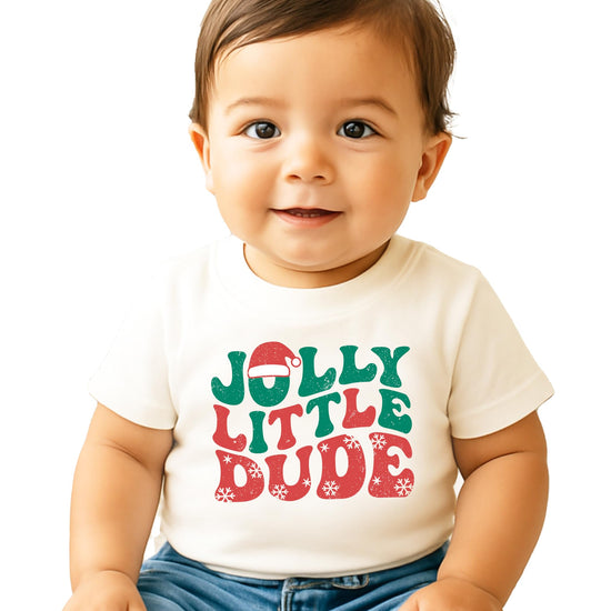 Boys wearing Jolly Little Dude festive Christmas tee with snowflake design
