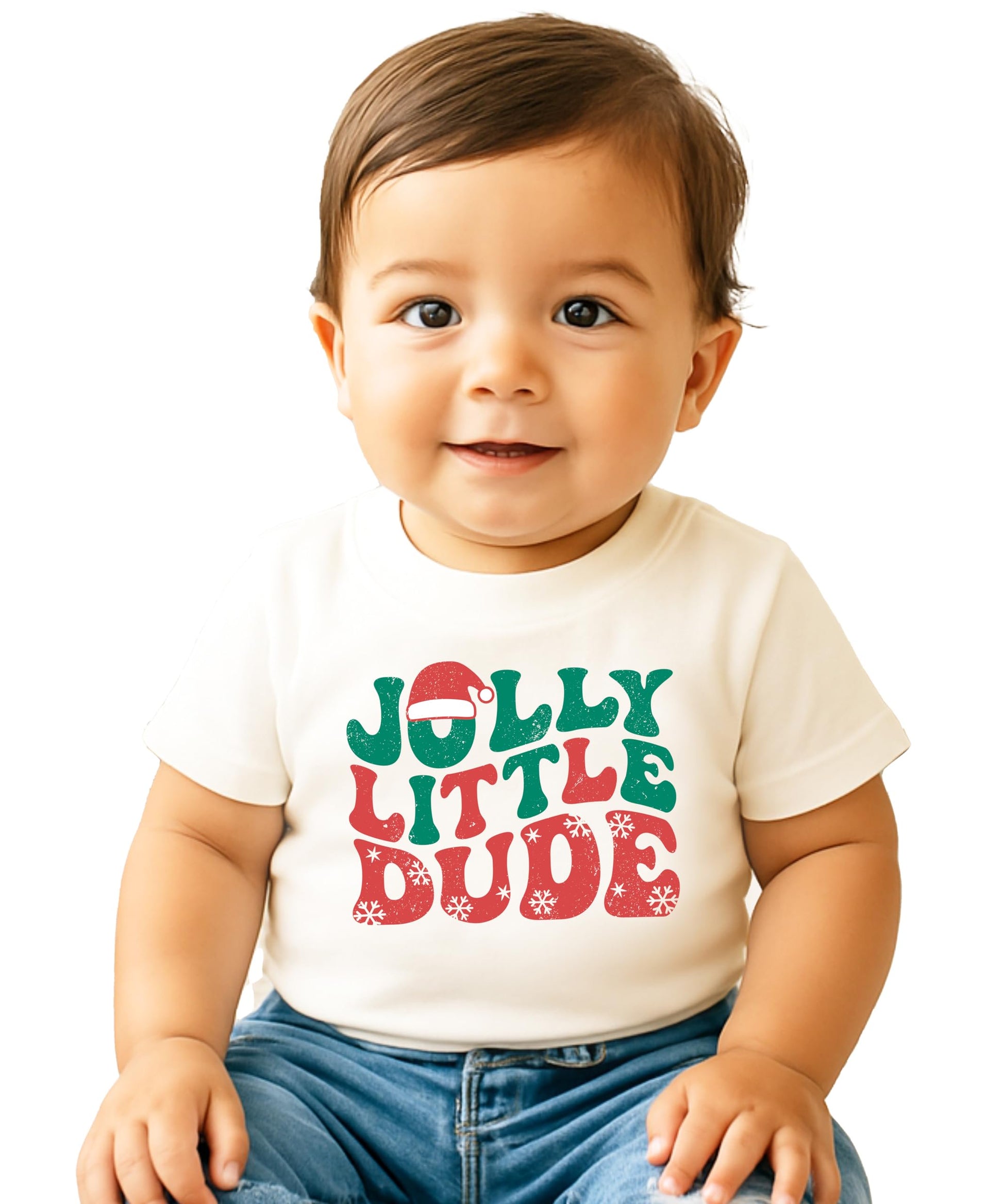 Boys wearing Jolly Little Dude festive Christmas tee with snowflake design