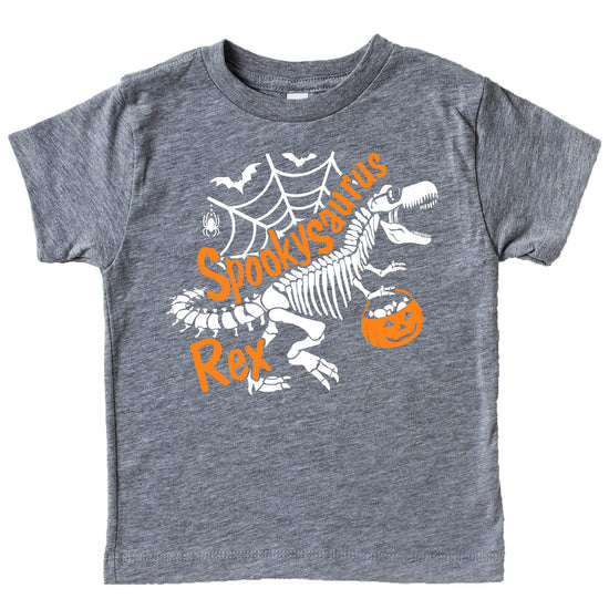 Lifestyle or detail shot of kids skeleton dinosaur Halloween graphic tee by Olive Loves Apple