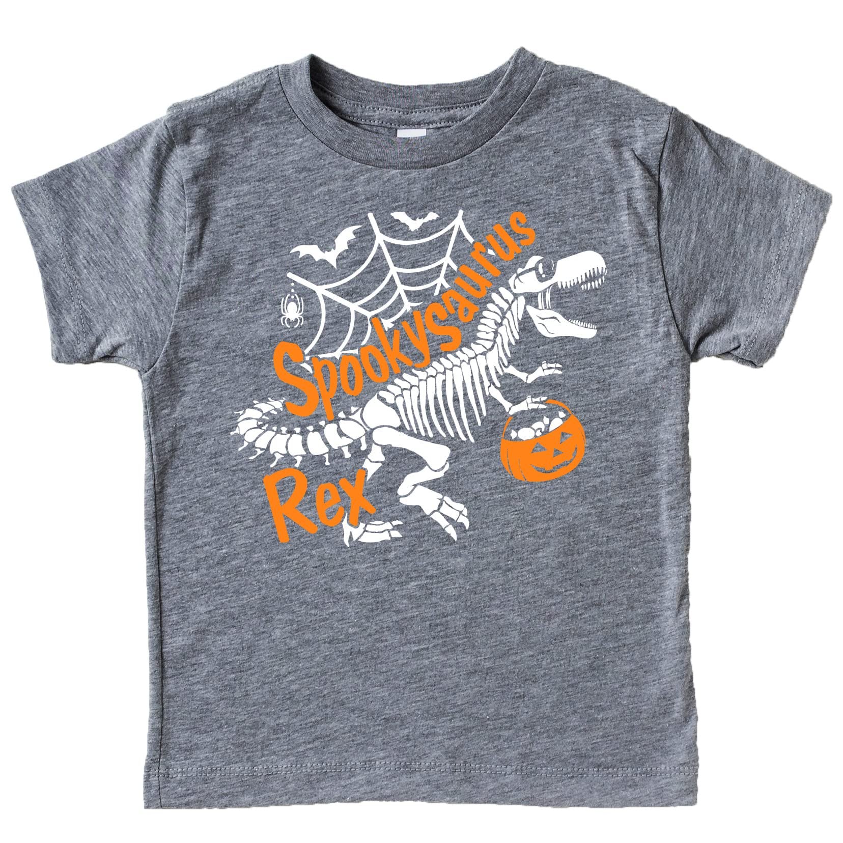 Lifestyle or detail shot of kids skeleton dinosaur Halloween graphic tee by Olive Loves Apple