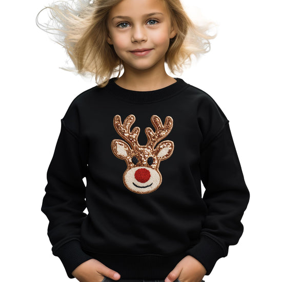 Close-up of vibrant ink-printed reindeer design on black Christmas sweatshirt